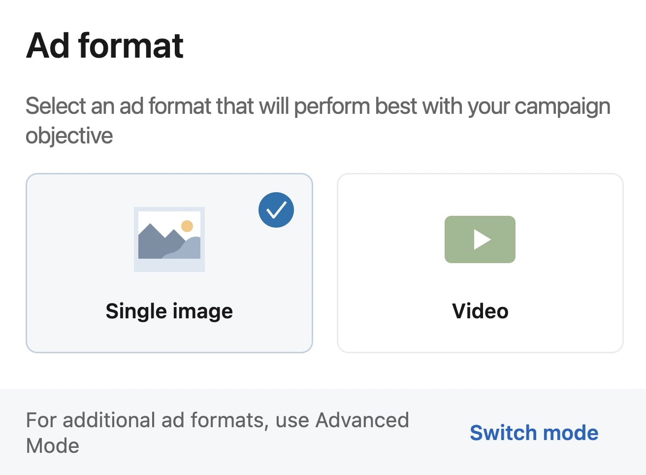 LinkedIn ad format options - single image and video - with check mark next to single image