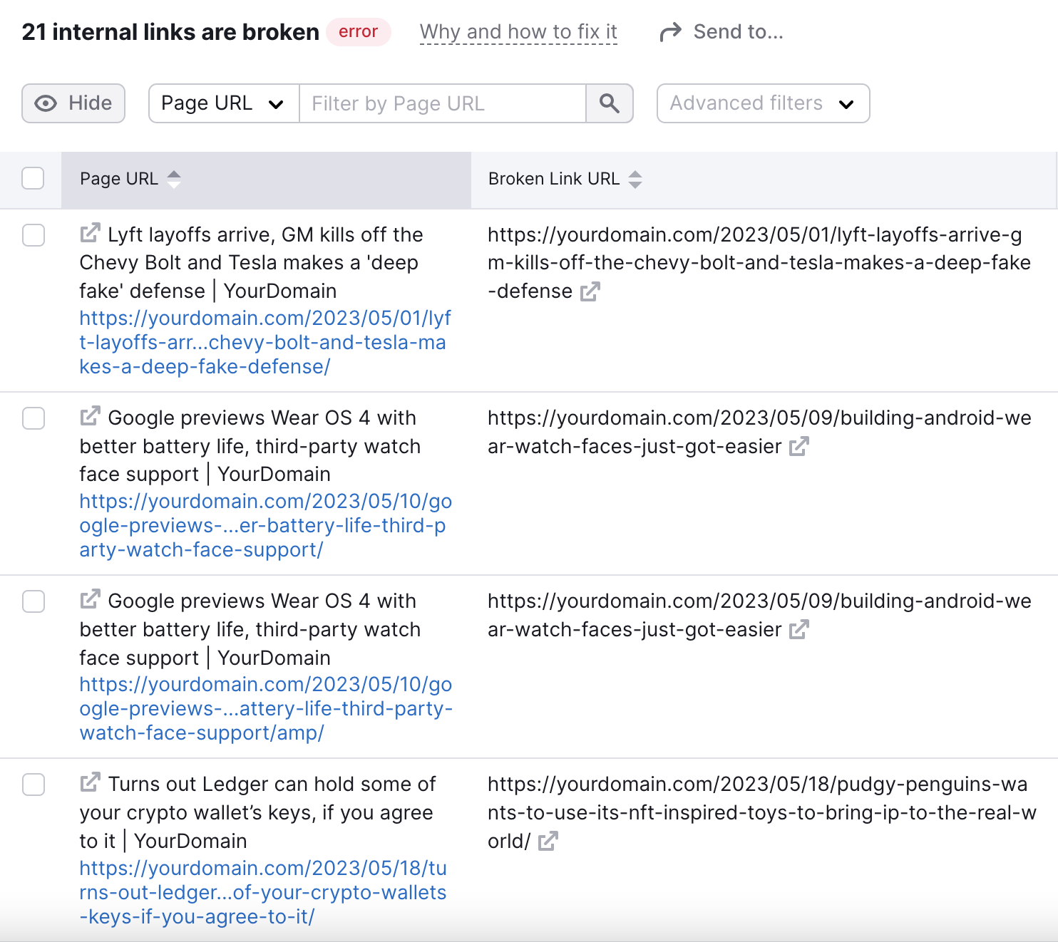 a list s،wing 21 internal links that are broken