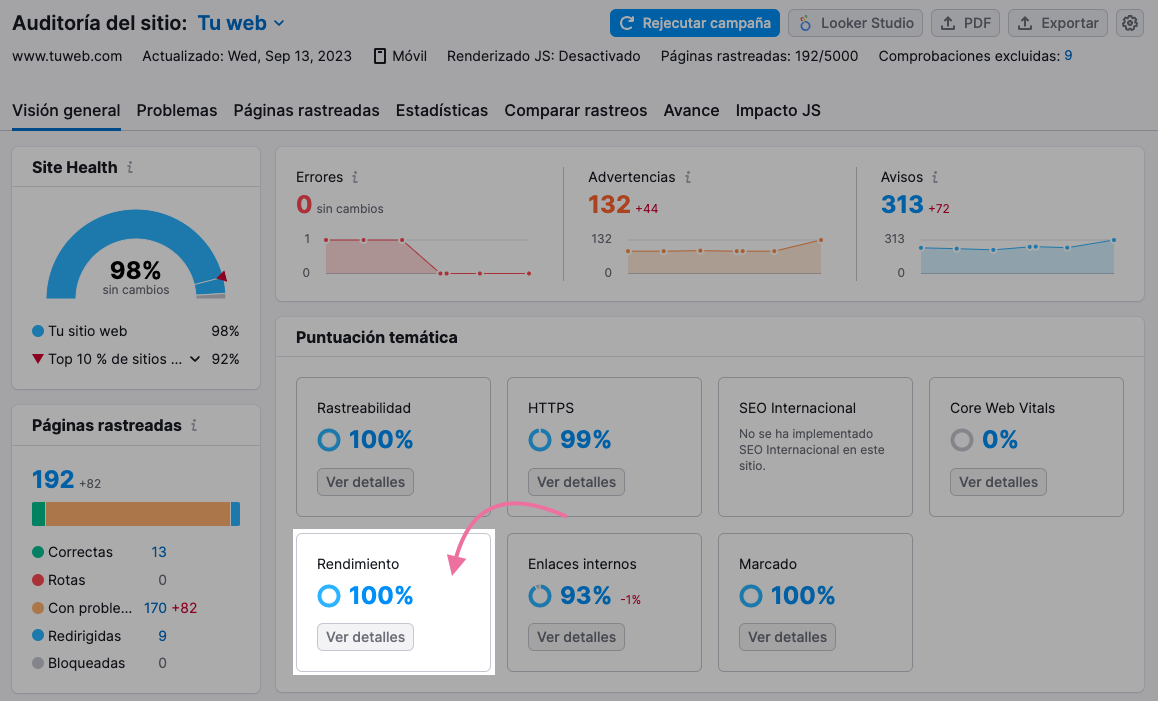 Haz clic en "Ver detalles" en la sección llamada "Rendimiento"