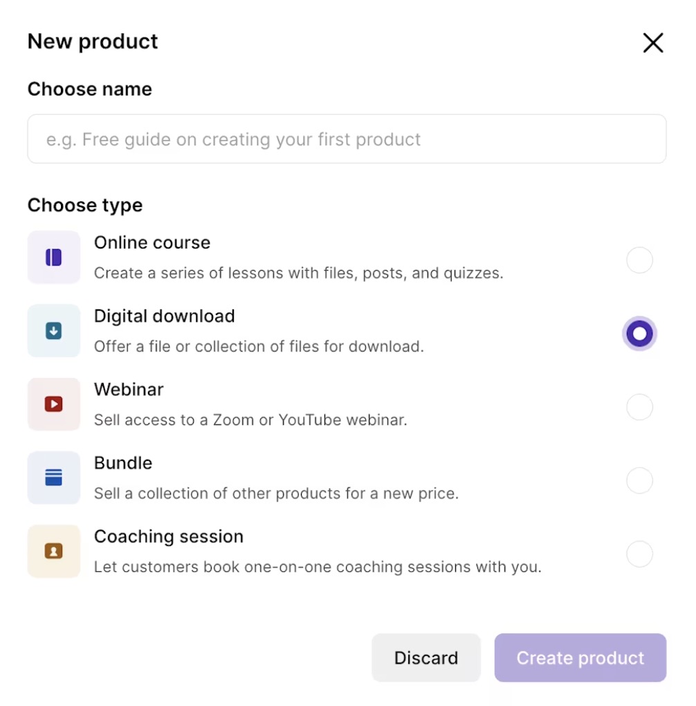 Options to sell different products on Podia like online courses, digital downloads, webinar access, coaching sessions, etc.