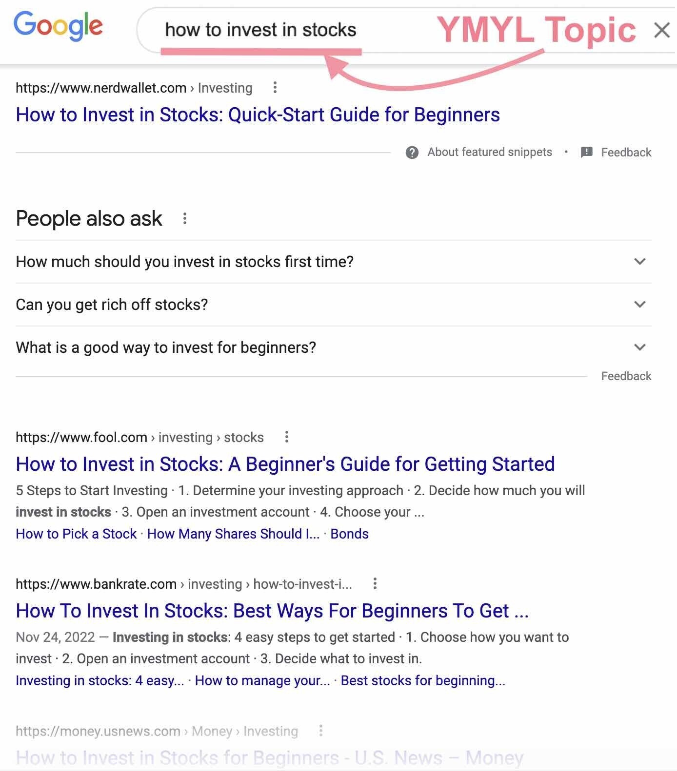 Google results page for “how to invest in stocks.”