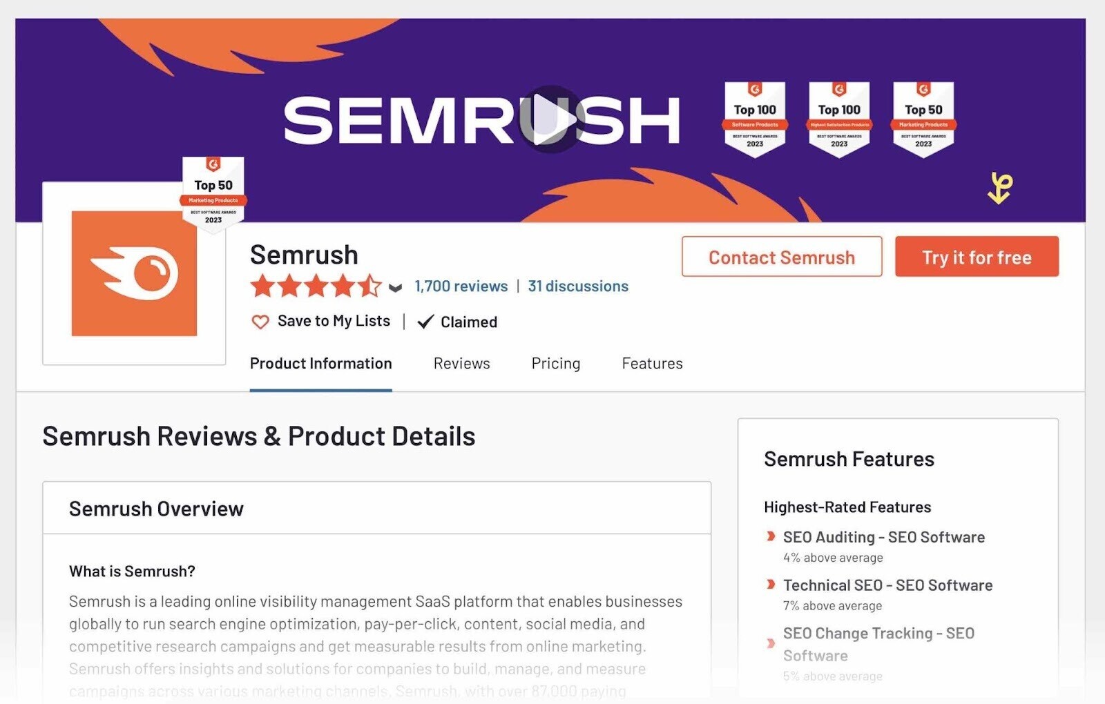 Semrush's G2 review page