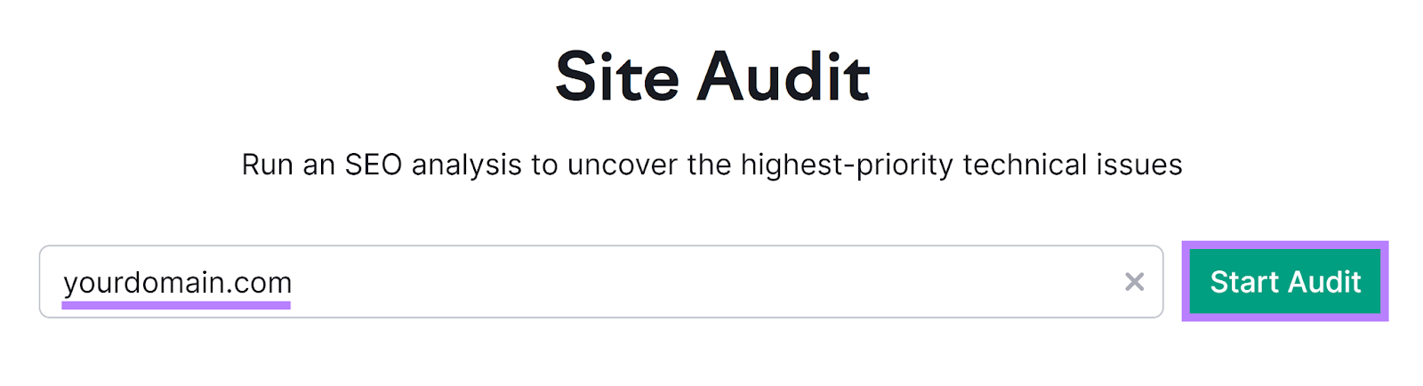 Site Audit tool start with domain entered and Site Audit button highlighted.