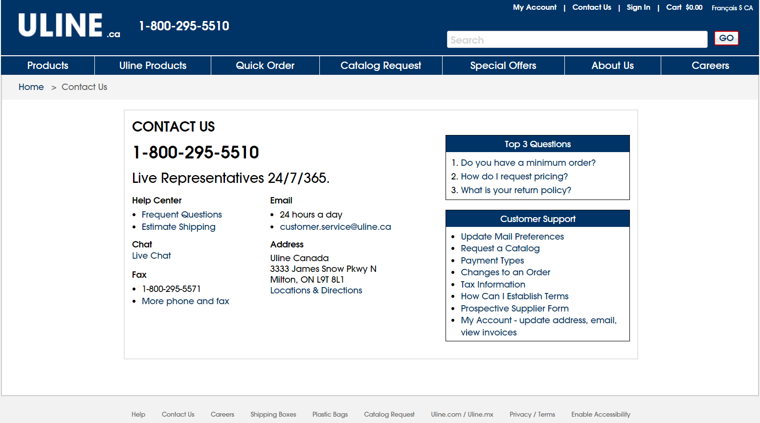 Uline’s contact page