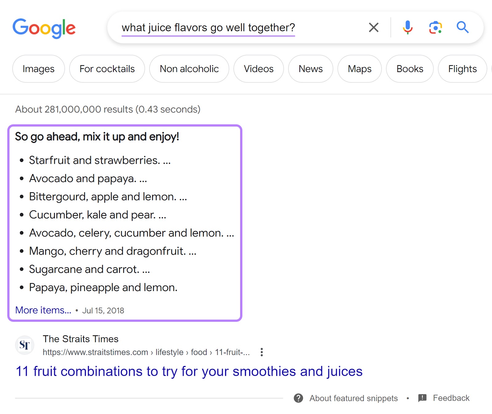 A bulleted list featured snippet on Google's SERP for "what juice flavors go well together?" query
