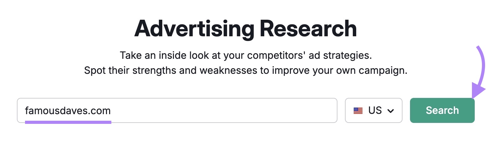 Advertising Research tool start with a competitor's domain entered and the "Search" button clicked.