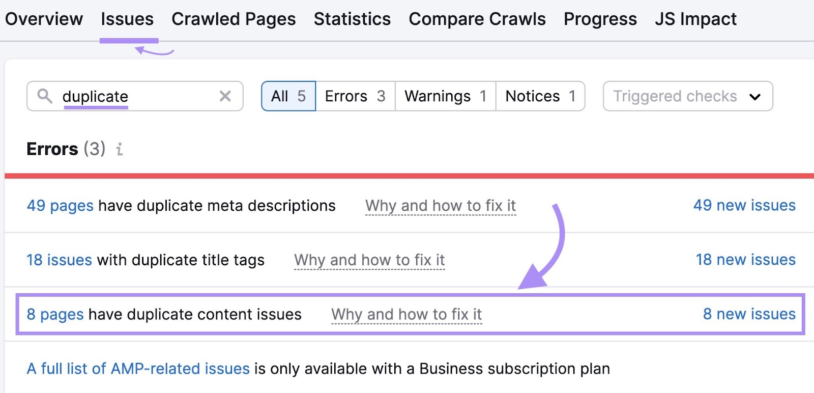 "8 pages have duplicate content issues" result highlighted under "Issues" tab in Site Audit