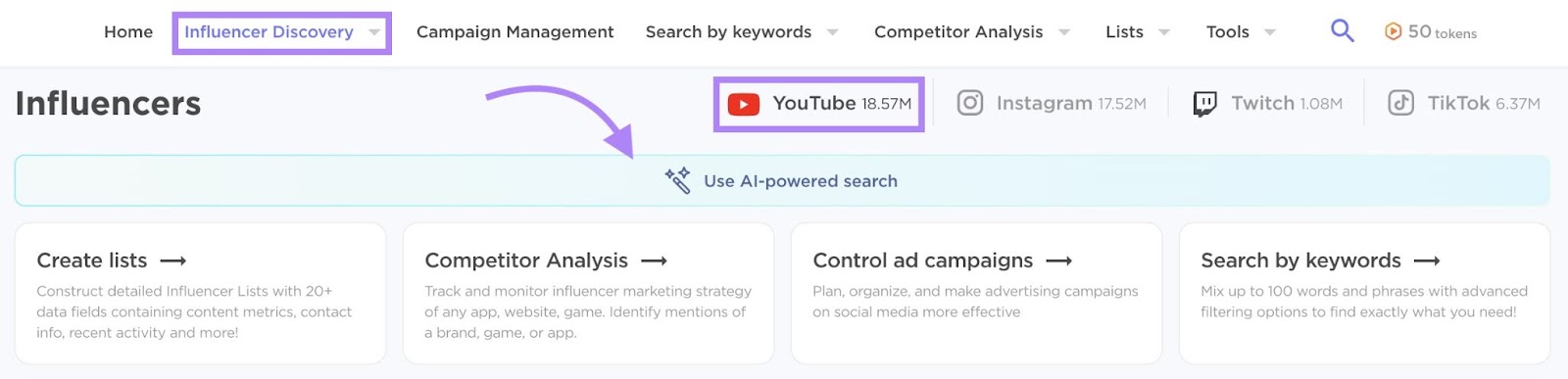 Influencer Discovery on Influencer Analytics with YouTube selected and the “Use AI-powered search” button clicked.