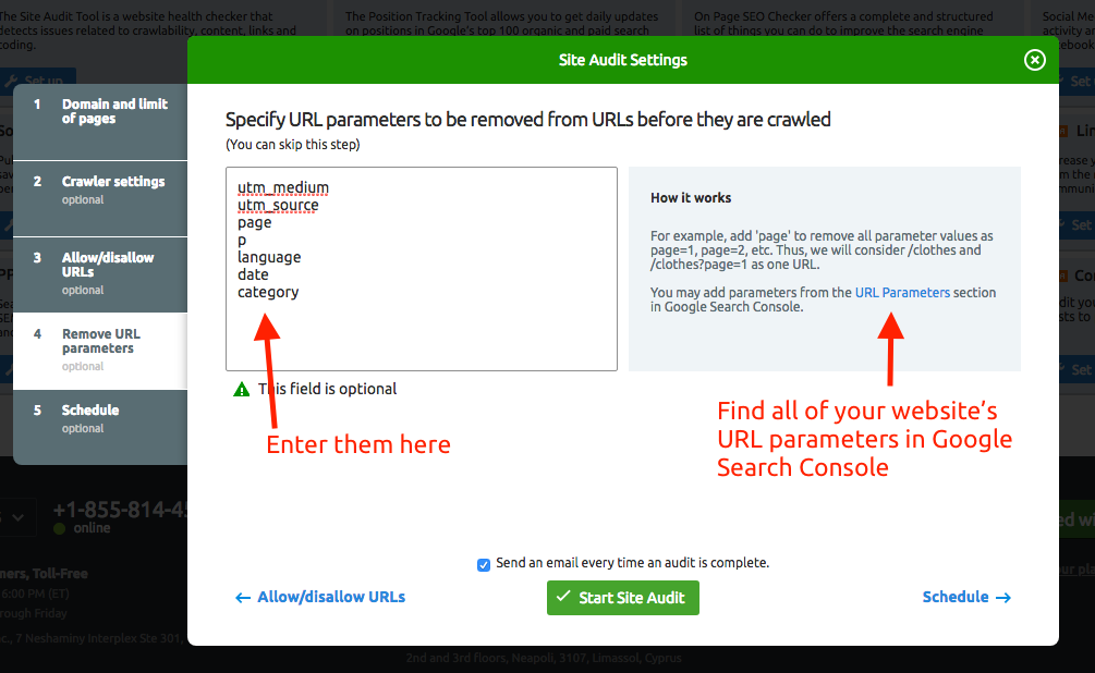 site audit url parameters