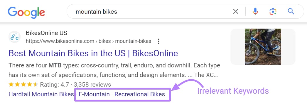 Google search for “mountain bikes” showing an irrelevant keyword