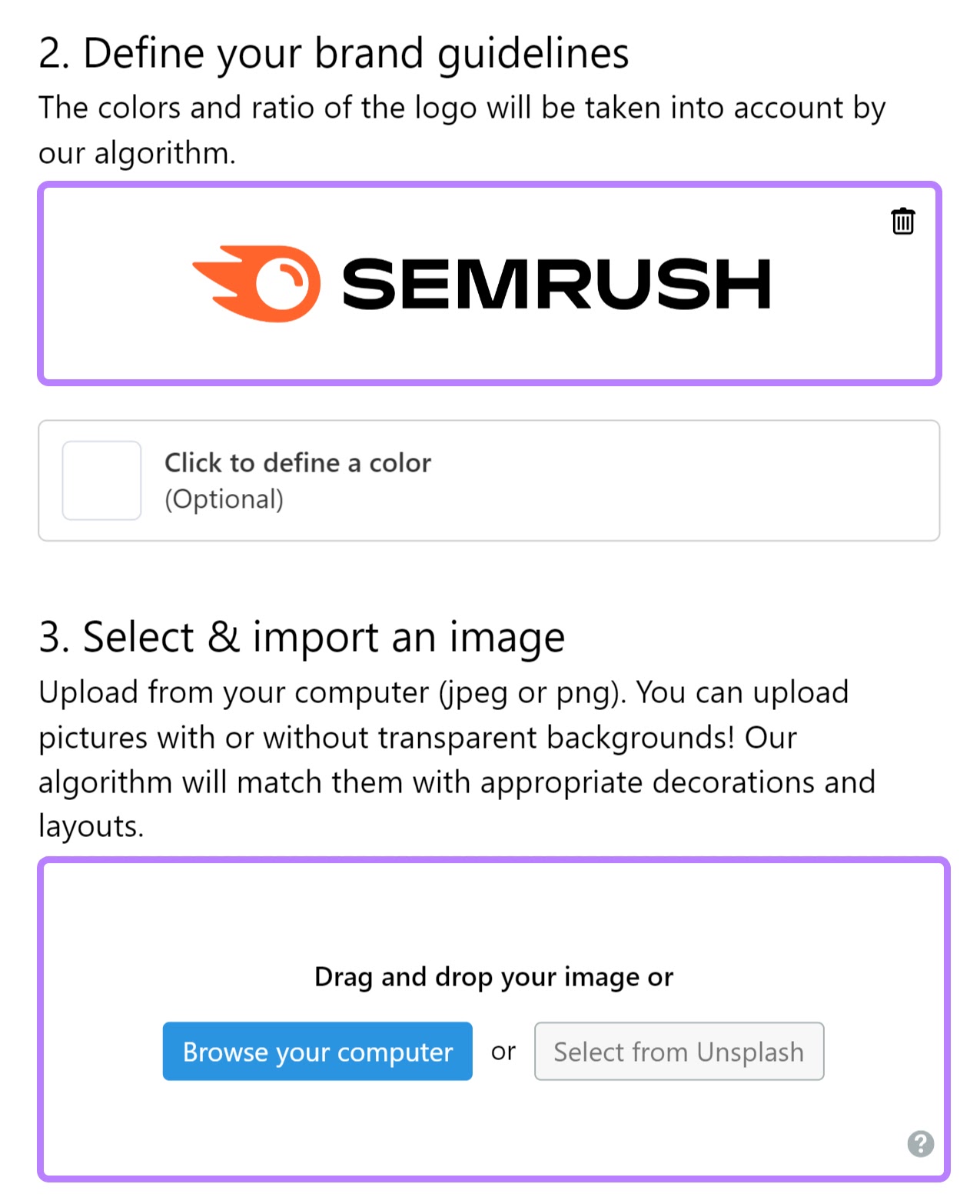 "2. Define your brand guidelines" and "3. Select & import an image" sections in Instant Banner Generator