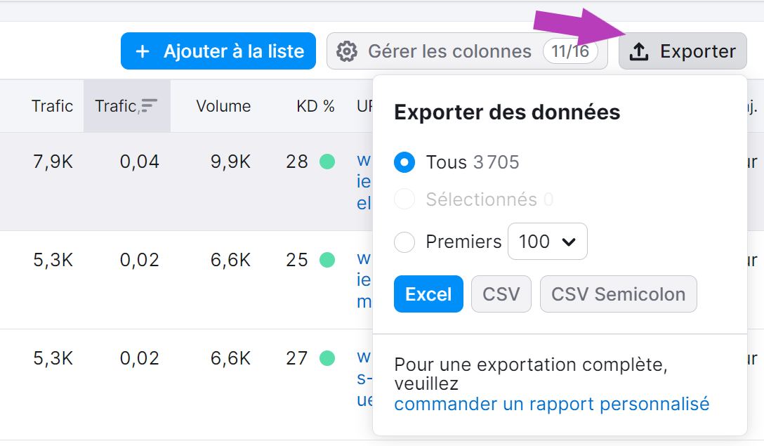 Exporter des données dans Recherche organique