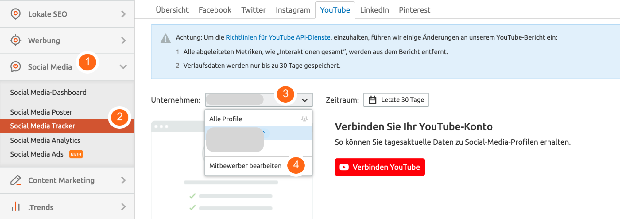 Semrush Social Media Tracker für YouTube verbinden