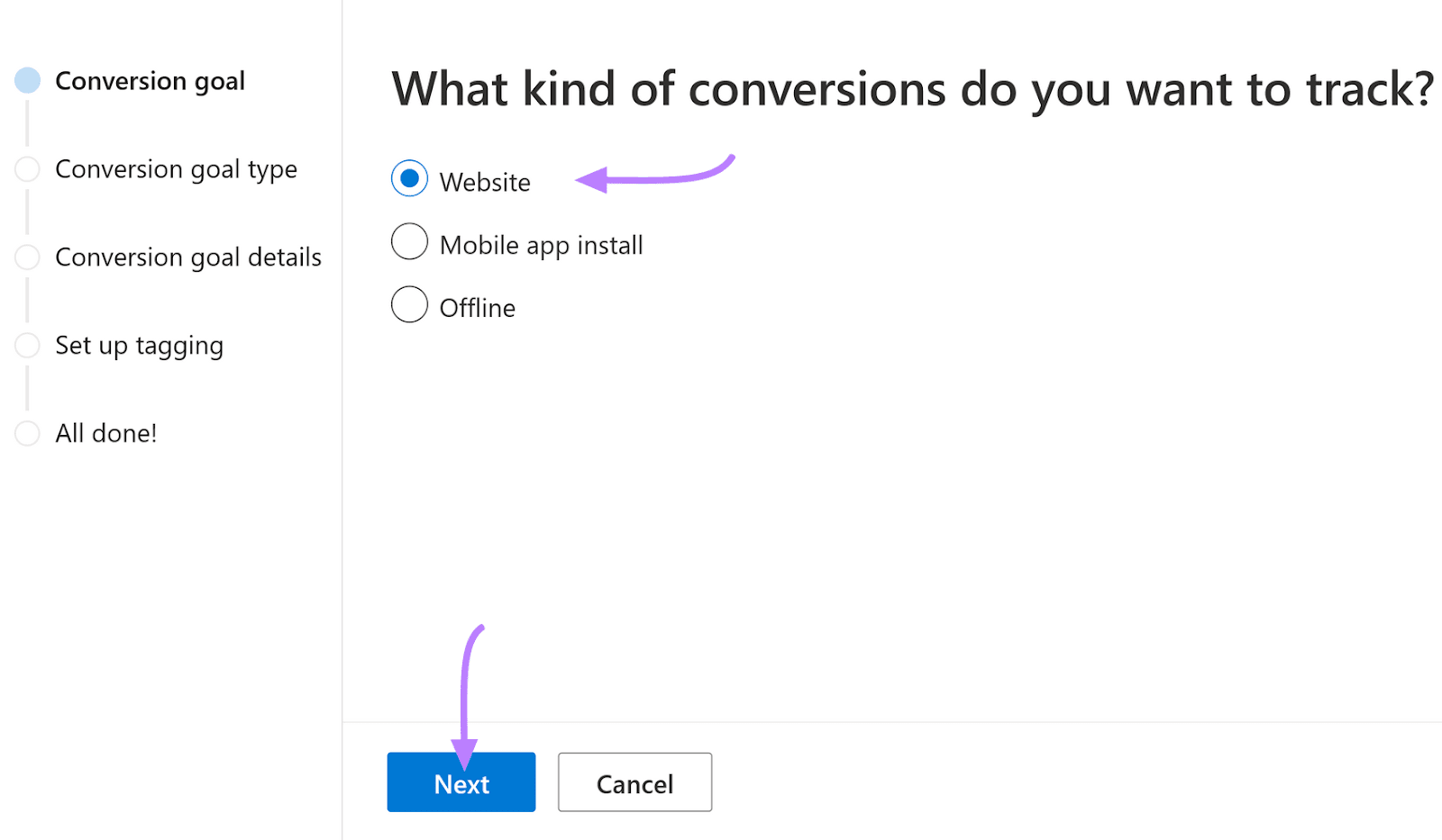 select what kind of conversion you want to track