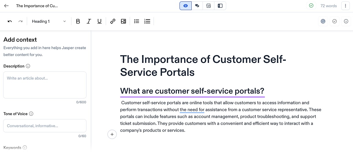 Jesper's AI writing tool content for “What are customer self-service portals?” H2
