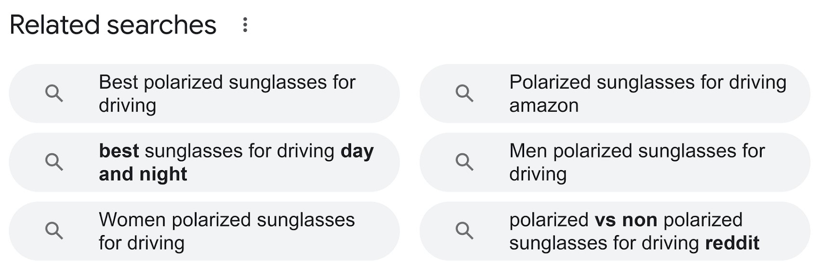 Google's "related searches" section for “polarized sunglasses for driving”