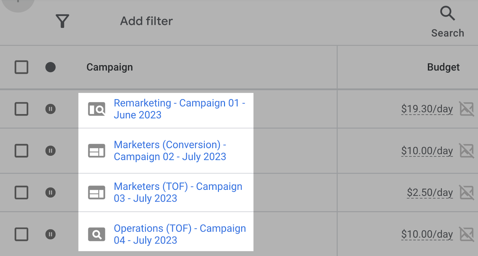 an example of naming different campaigns