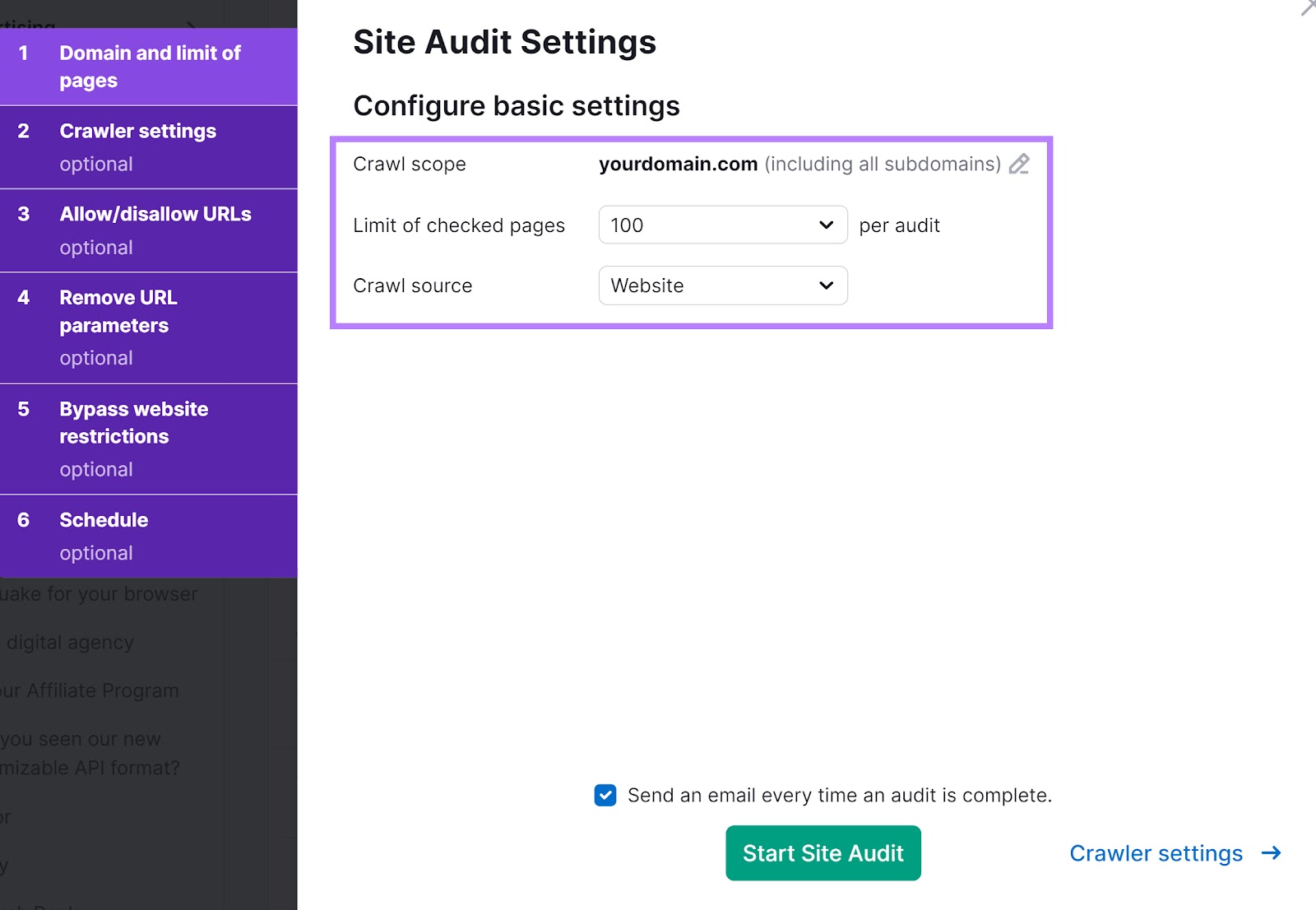 "Site Audit Settings" window with the "Configure basic settings" section highlighted.