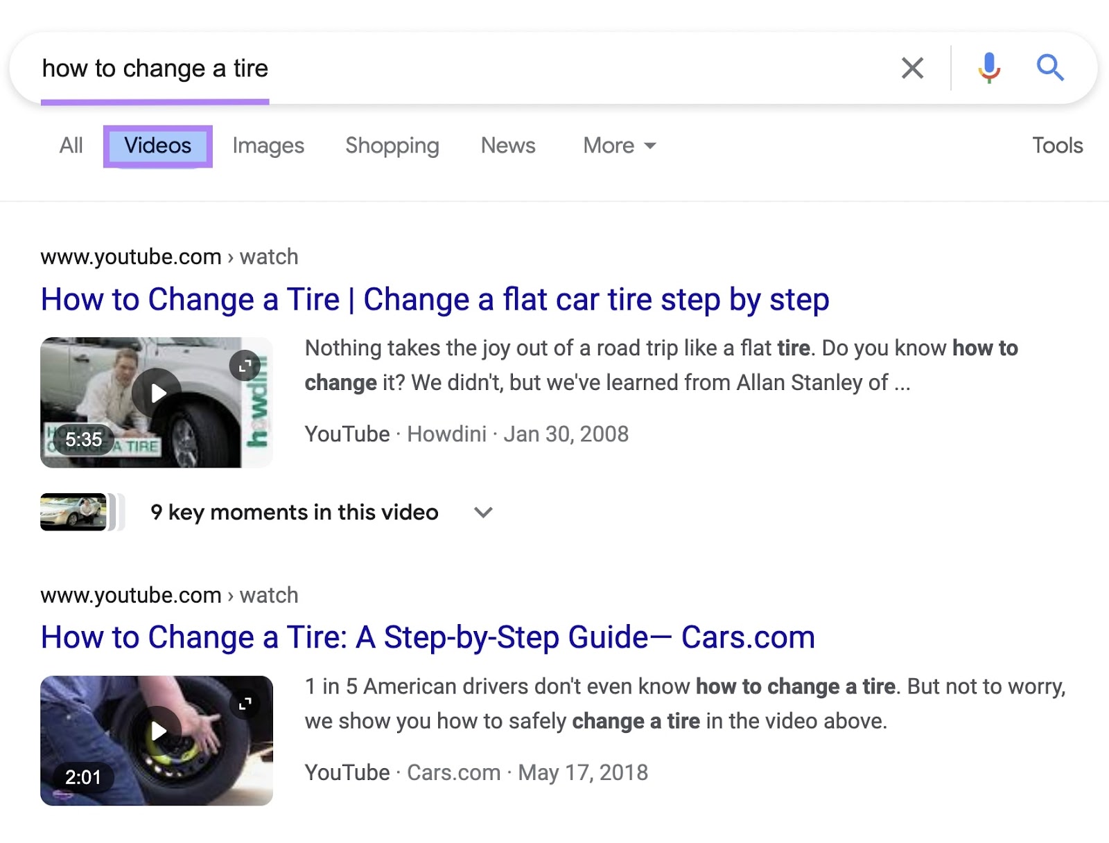 Google search results for 'hoe to change a tire' with the video tab selected and youtube video thumbnails displayed