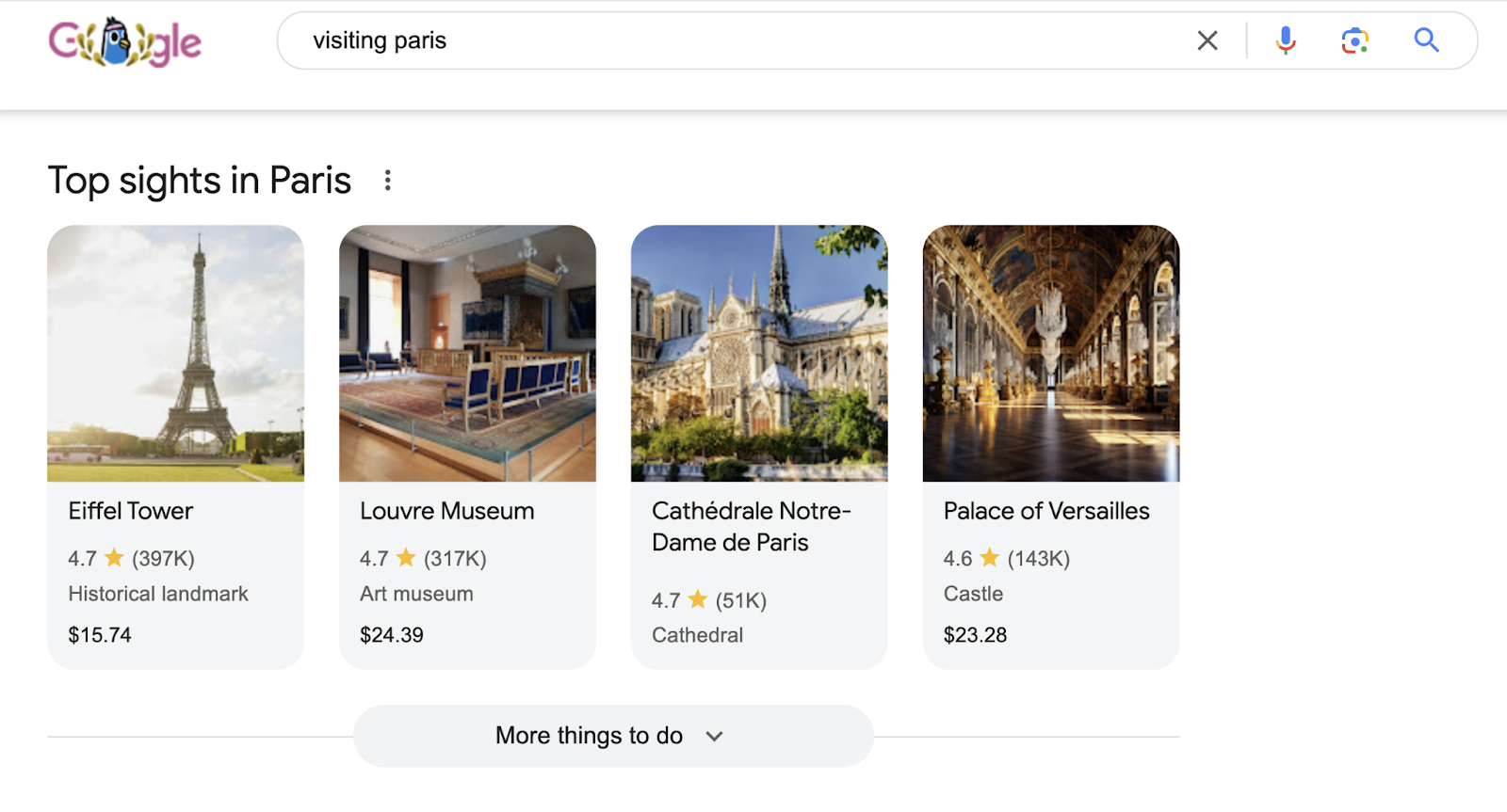 google serp shows "top sights in paris" section