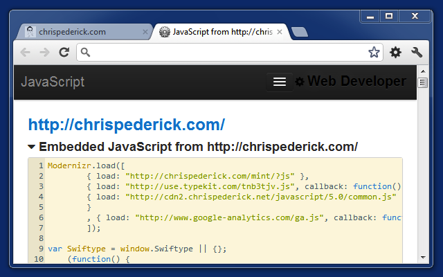 web developer chrome extension shows the embedded javascript for a webpage