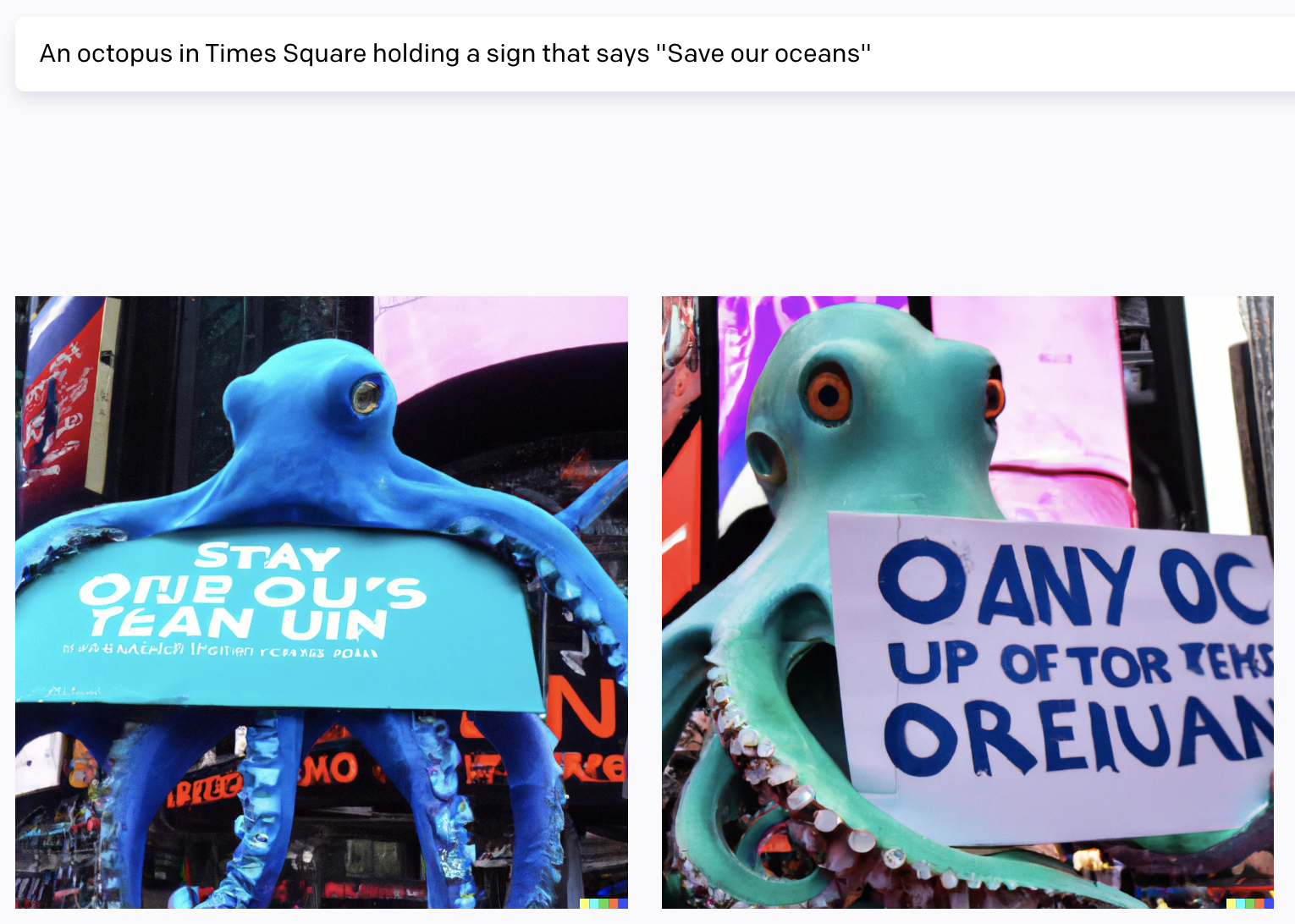 DALL-E 2 results for “An octopus in Times Square holding a sign that says - Save our oceans" prompt