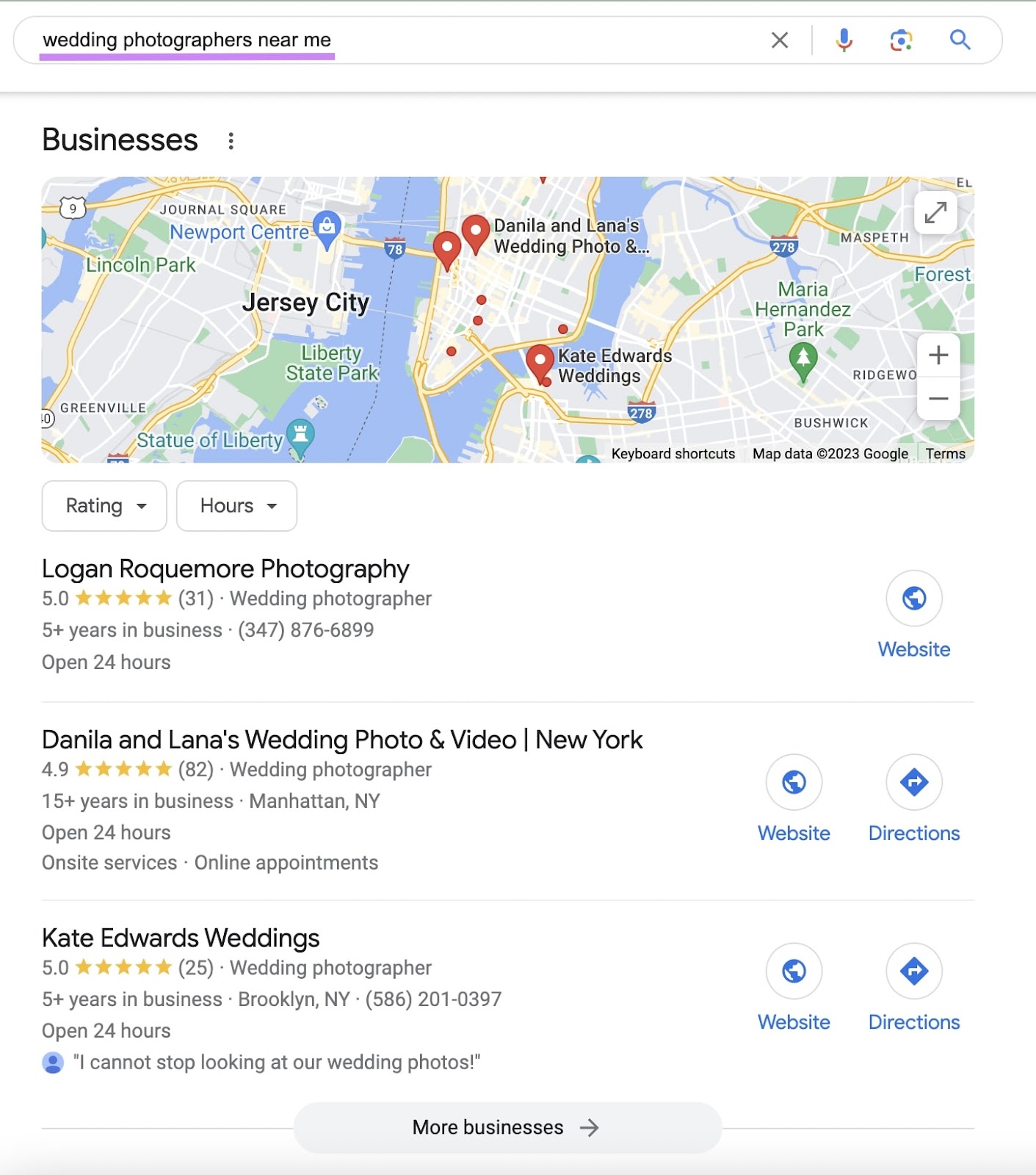 Google’s local pack results for "wedding photographers near me" query