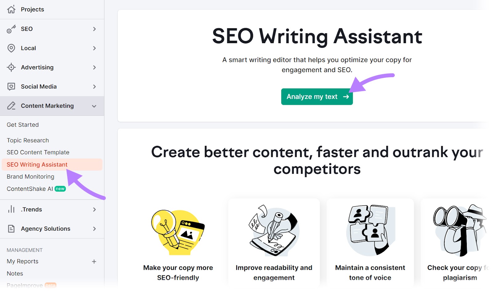 Navigating to SEO Writing Assistant tool