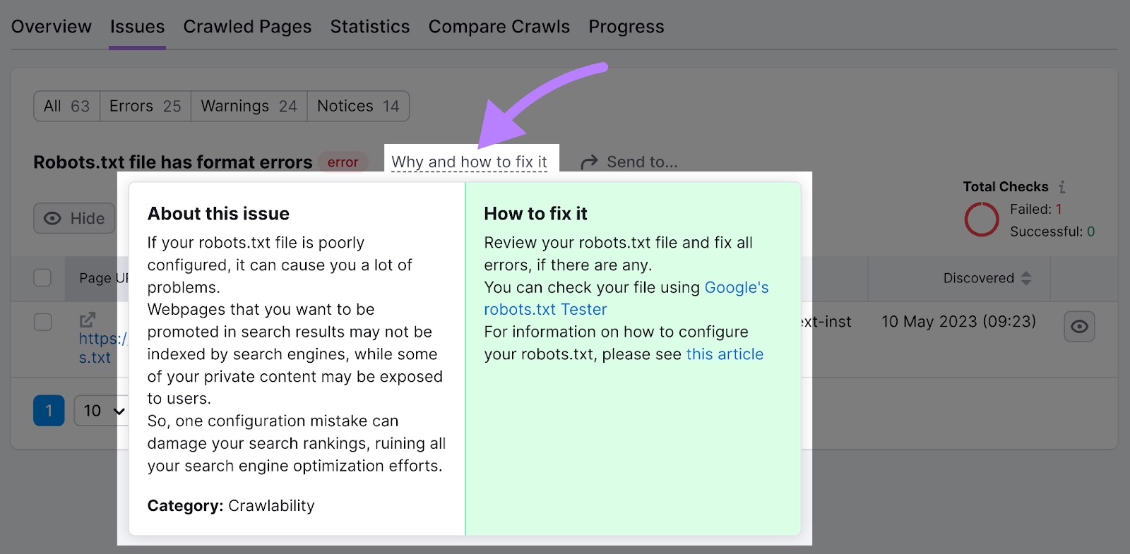 “Why and how to fix it” window for a robots.txt file error