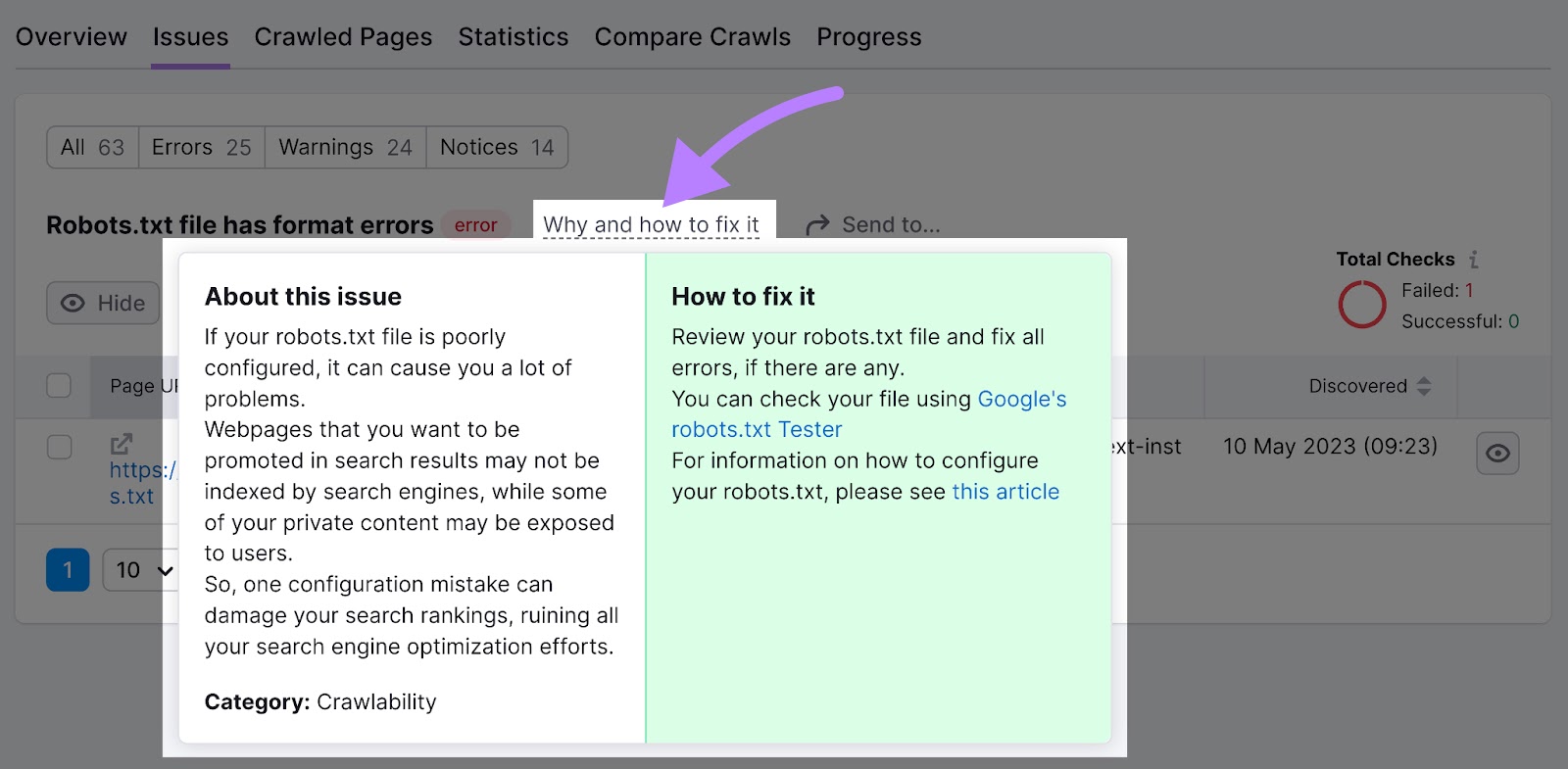 Ventana "Por qué y cómo solucionarlo" para un error del archivo robots.txt