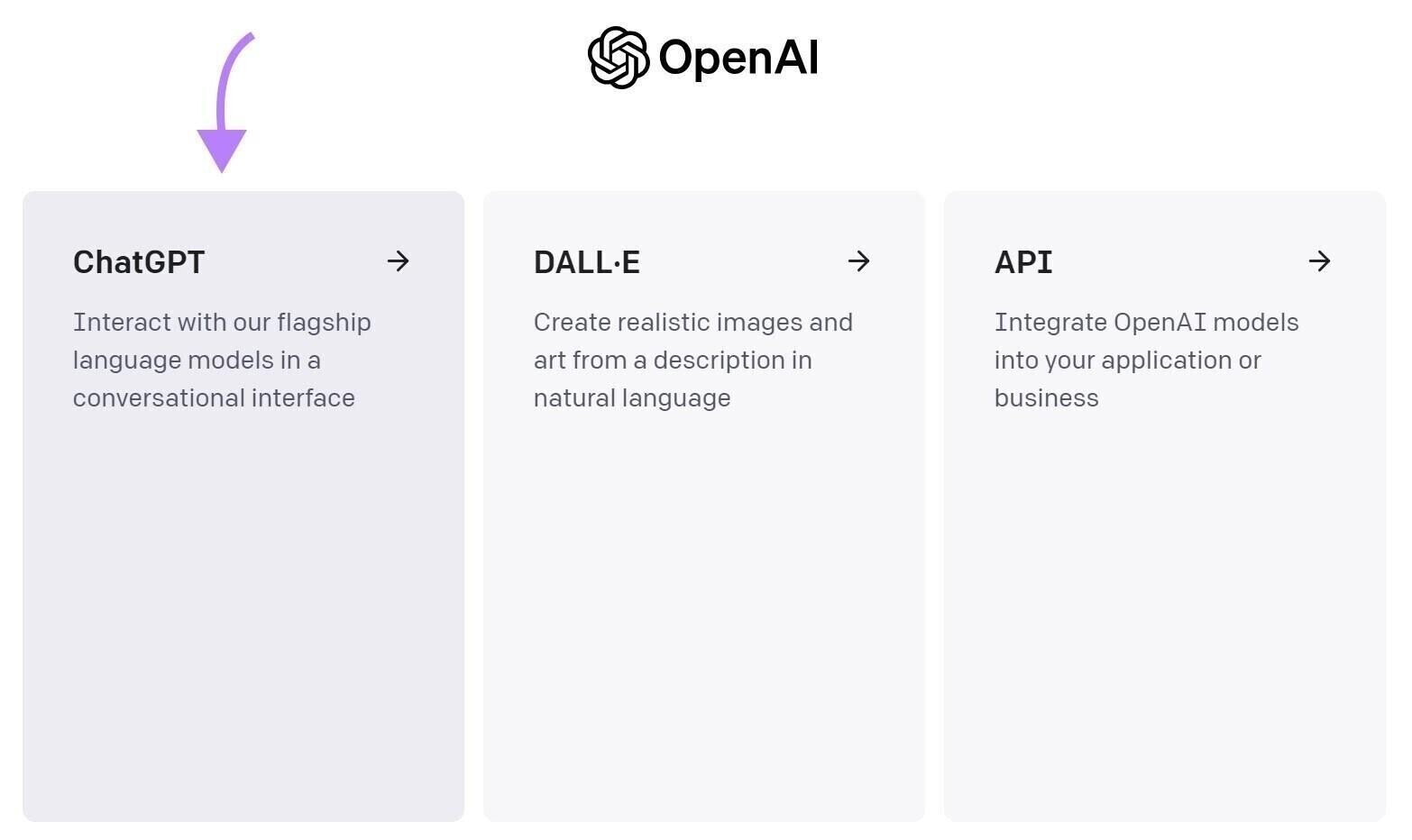 Pantalla de opciones de la plataforma OpenAI