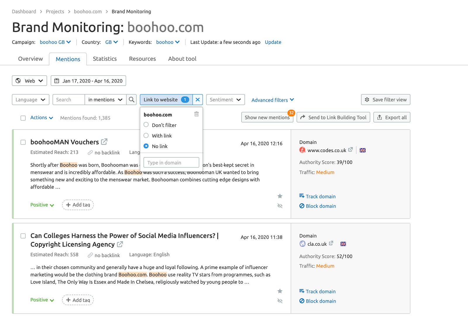brand monitoring tool screenshot with results and backlink info