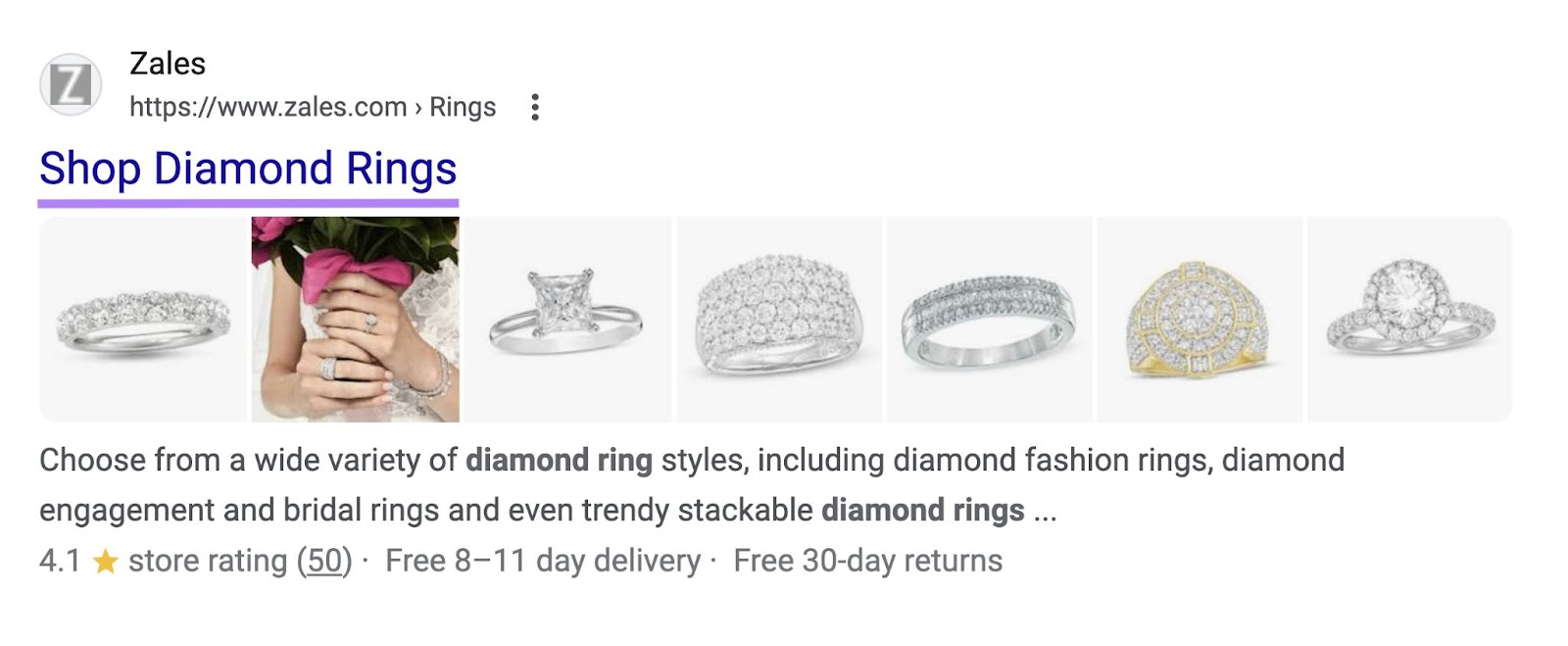 Google SERP results showing Zales webpage with 'Shop Diamond Rings' rubric  tag