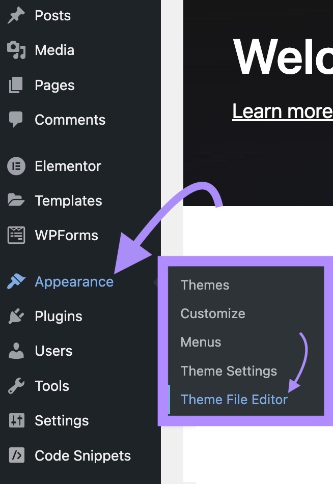 Navigating to “Appearance” > “Theme File Editor" in WordPress menu