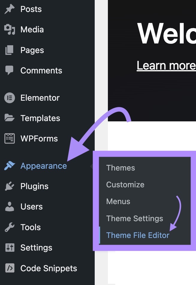 Navegando a "Apariencia" > "Editor de archivos de temas" en el menú de WordPress