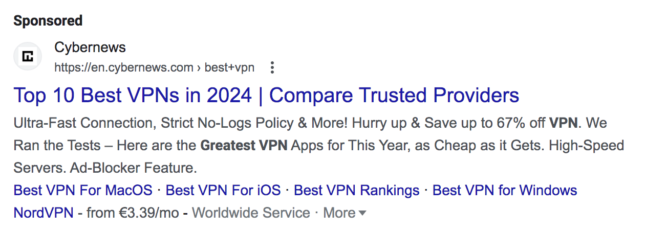 Cybernews' ad that appears for the query “best VPN"
