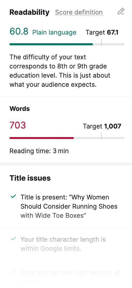 "Readability, Words, Title issues" scores and recommendations
