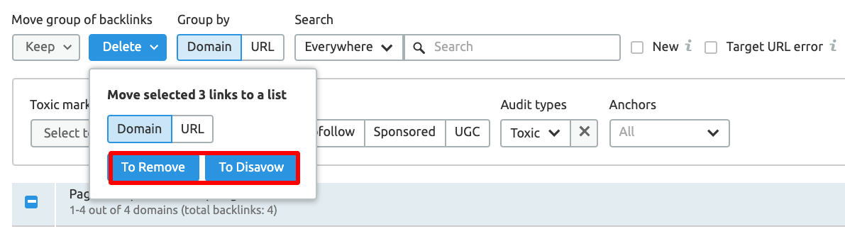 Link removal options in tool