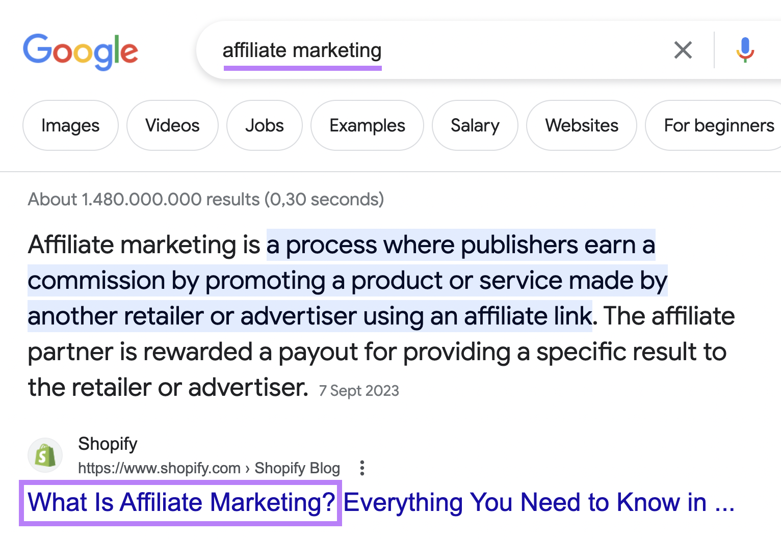Shopify's article highlighted on SERP for “affiliate marketing” query