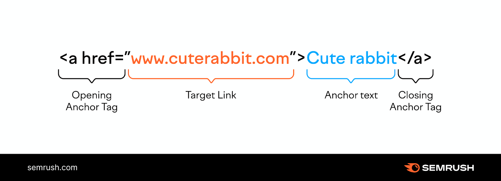 diagram of anchor text shows <a href= as the opening anchor tag, www.cuterabbit.com as the target link, Cute rabbit as the anchor text, and </a> as the closing anchor tag