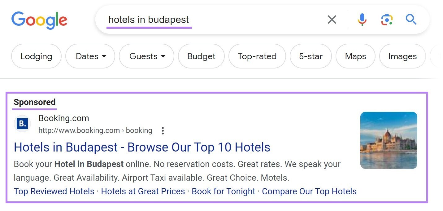 Booking.com add for "hotels in budapest" query in Google