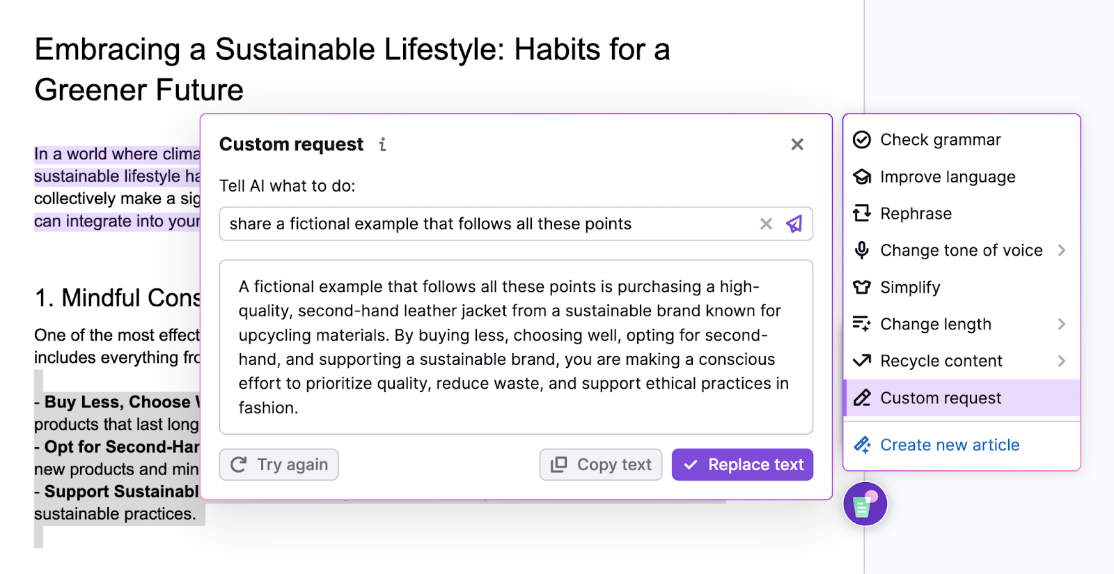 custom request field asks AI to share a fictional example that follows a bulleted list