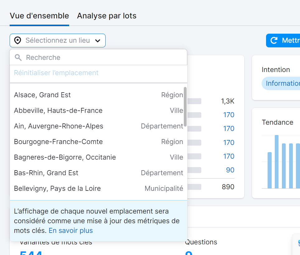 Selection d'un lieu dans Vue d'ensemble des mots clés