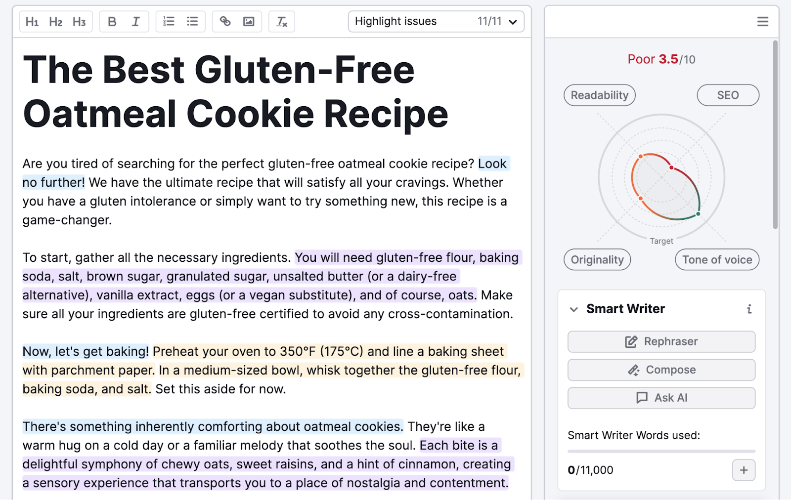 Draft for best gluten-free oatmeal cookie recipe has a score of 3.5 out of 10.