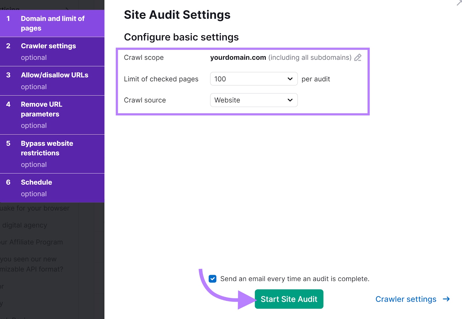 Site Audit Settings window with the basic settings highlighted and an arrow pointing to the "Start Site Audit" button.