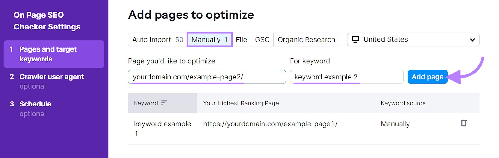 On Page SEO Checker "Pages and target keywords" tab with the "Manually" tab and the "Add page" button highlighted.