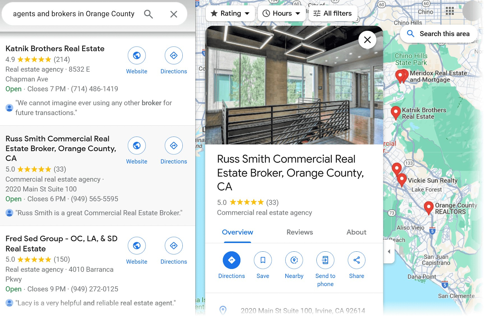 Một ví dụ về các đại lý và môi giới bất động sản được đánh giá ở Quận Cam trên SERP