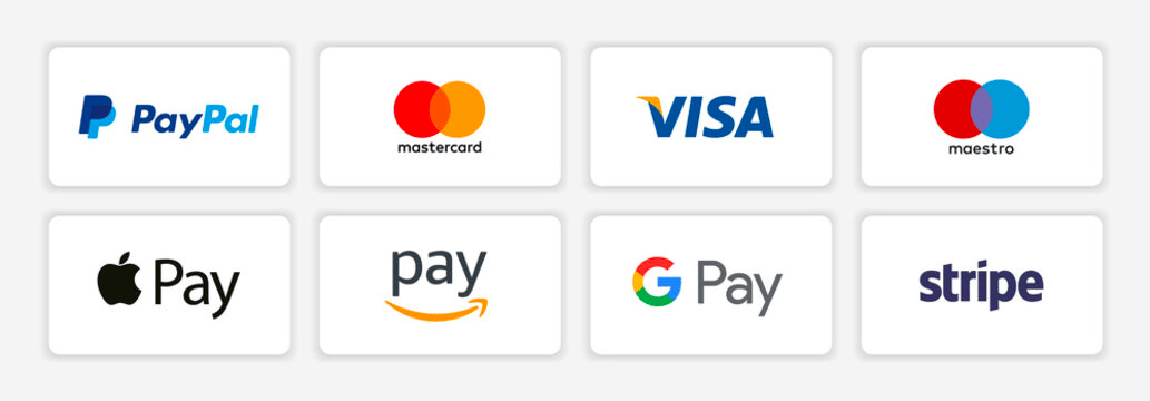Payment options section, including PayPal, Mastercard, Visa, Apple Pay etc.