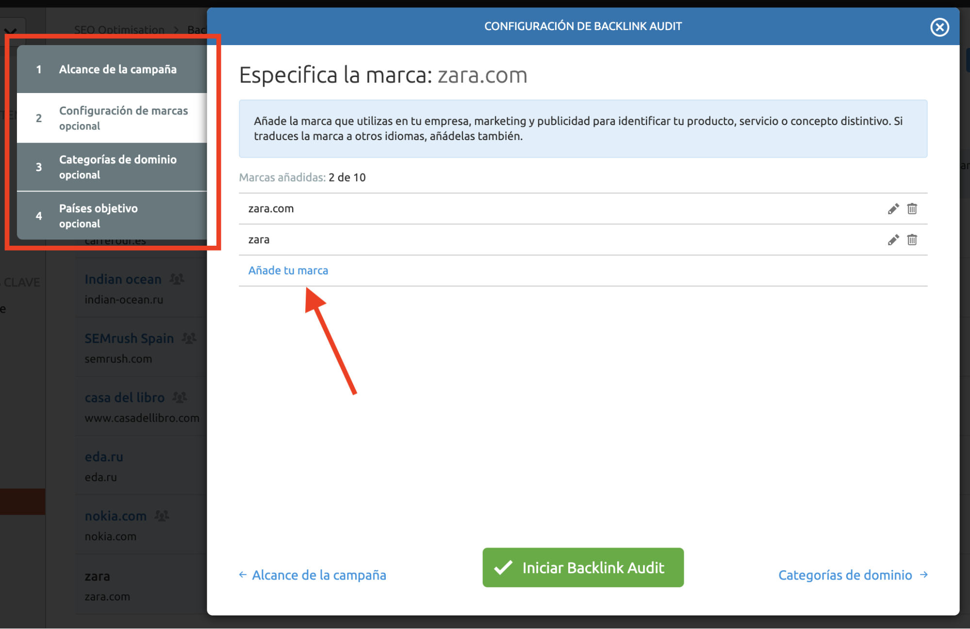 Analizar backlinks y enlaces SEO - Configuración de marca