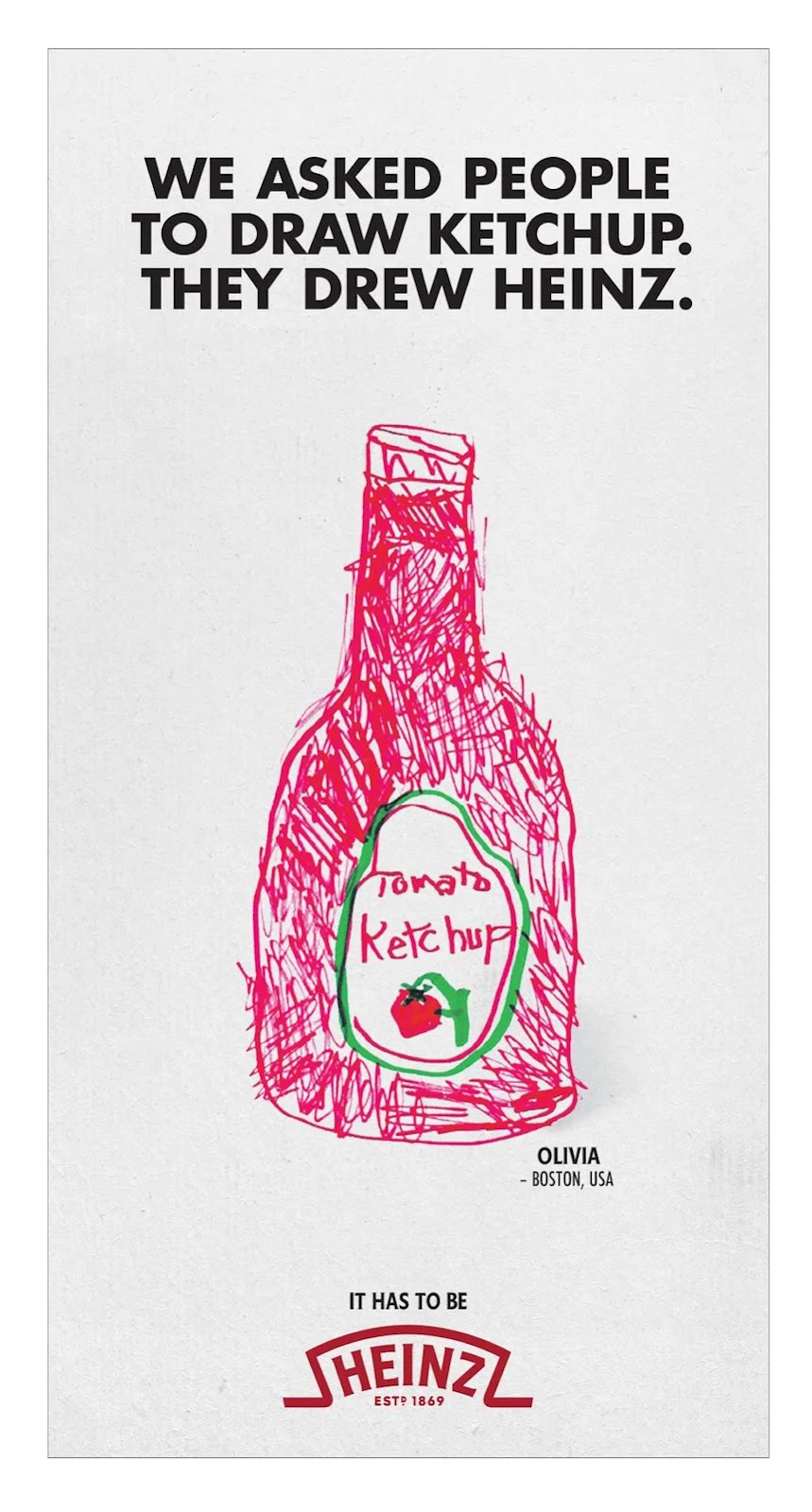 Heinz campaign with "We asked people to draw ketchup. They drew Heinz." copy